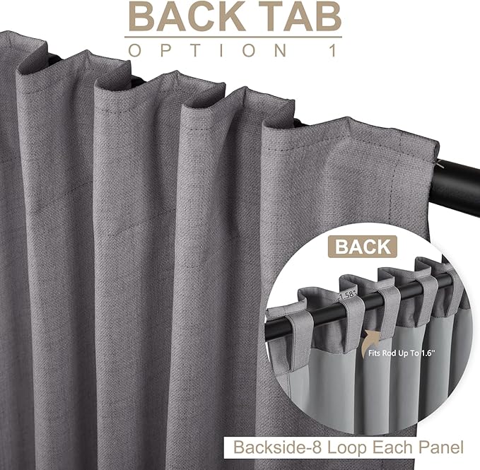100% Blackout Shield Linen Blackout Curtains for Bedroom 102 Inches Long, Back Tab/Rod Pocket Living Room Drapes, Thermal Insulated Blackout Curtains 2 Panels Set, 50" W x 102" L, Darkgray
