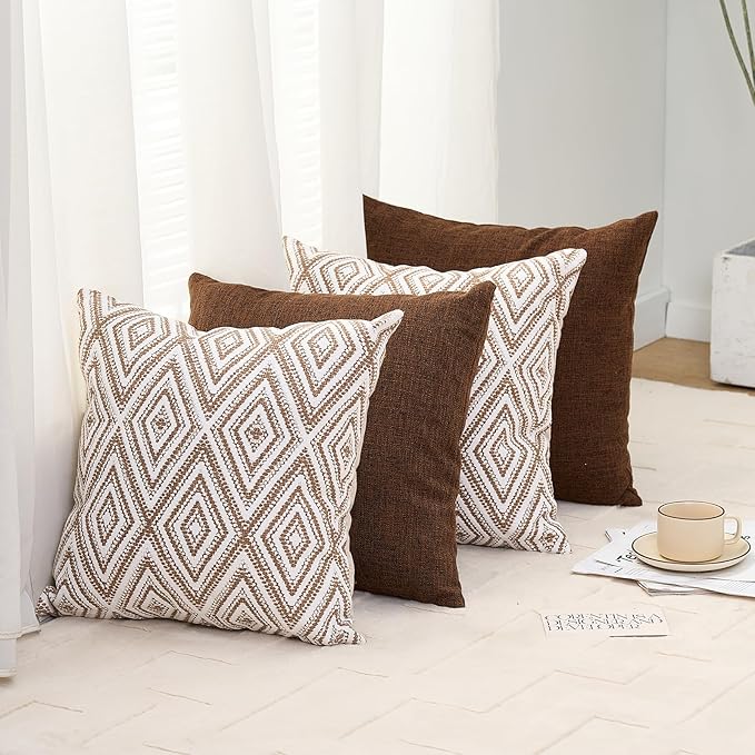 HPUK Decorative Throw Pillow Covers Set of 4 Geometric Design Linen Cushion Cover for Couch Sofa Living Room, 18"x18" inches, Chocolate
