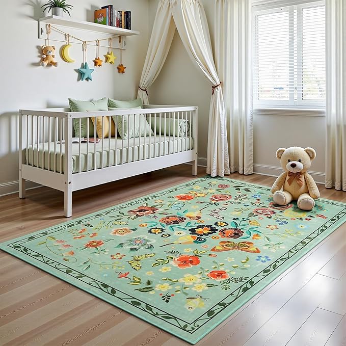 Rugflix 5x7 Washable Area Rug for Living Room, Soft Non Slip Low Pile Carpet, Floral Vintage Stain Resistant Rugs for Bedroom, Dining Room, Home Office, Green
