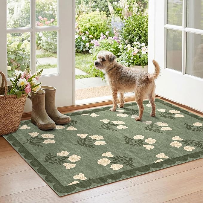 Floral Outdoor Rug - 28" x 43" Front Door Mat Indoor Outside Entrance Non-Slip Washable Outdoor Mat Sage Green Spring Scalloped Rug for Entryway Kitchen Bedroom Layered Doormat for Front Porch