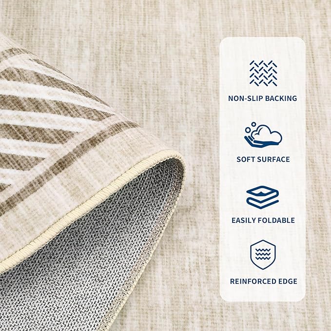 GarveeHome Washable Hallway Rug 2x6 Narrow Modern Bordered Floor Runner, Non-Shedding Contemporary Bedside Rug, Foldable Ultra-Thin Carpet Runner for Bedroom, Kitchen, Laundry Room, Beige