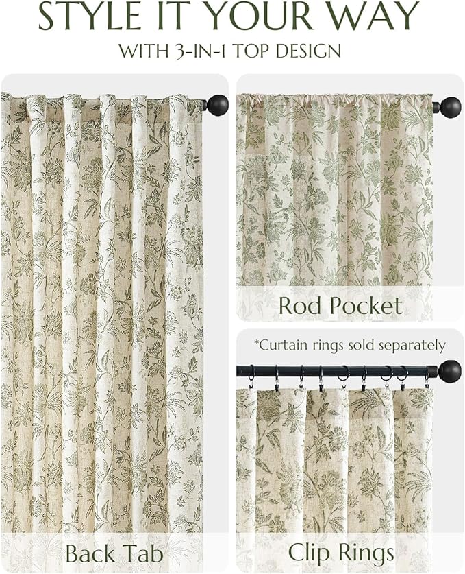 jinchan Lined Linen Floral Curtains for Living Room, 63 Inch Length Printed Flower Farmhouse Patterned French Country Back Tab Green Window Drapes Set Privacy Bedroom Curtains, 2 Panels