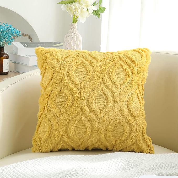 decorUhome Summer Throw Pillow Covers 22x22 Inch Set of 2, Soft Plush Faux Wool Mustard Yellow Solid Couch Pillow Covers, Accent Euro Sham Farmhouse Square Pillow Cases for Sofa Bed Living Room
