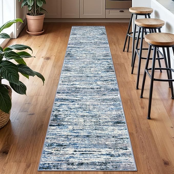 Lansny Modern Abstract Runner Rug 2x10, Grey Blue White Washable Long Kitchen Runner Non-Slip Soft Hallway Rug Runner Thin Print Faux Wool Carpet for Entryway Bedroom Laundry Room Indoor Home Decor
