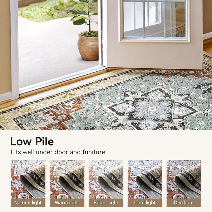 8x10 Area Rugs, Large Area Rug for Living Room, Floral Washable Area Rug for Bedroom, Office, Dining Room, Non-Slip Vintage Boho Rug, Low-Pile Soft Carpet, Traditional Oriental Style, Beige Orange