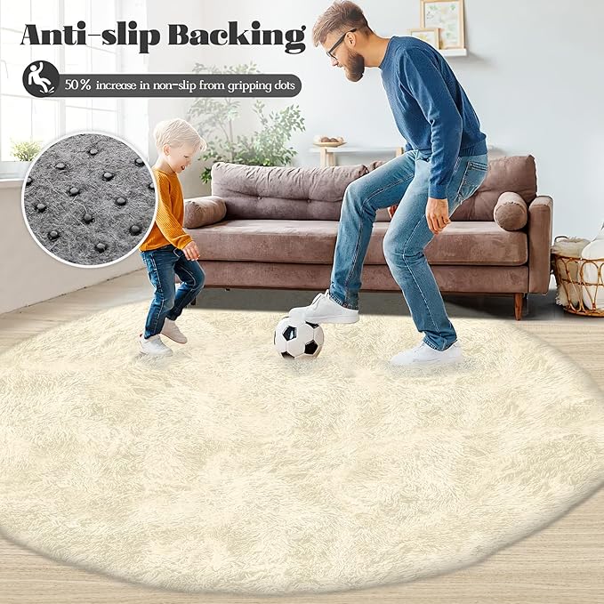 Cream White Round Rugs for Bedroom: 4ft Circle Fluffy Shag Soft Washable Rug Small Fuzzy Plush Indoor Carpet for Kids Girls Boys Nursery Dorm Classroom (Cream White, 4'x4')
