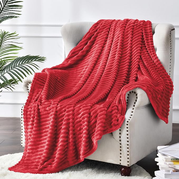 BEDELITE Fleece Throw Blanket for Couch – 3D Ribbed Jacquard Soft and Warm Decorative Fuzzy Blanket – Cozy, Fluffy, Plush Lightweight Red Throw Blankets for Bed, Sofa, 50x60 inches