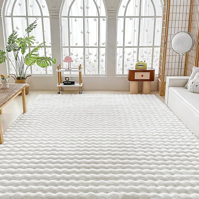 White Rabbit Plush Rug 8'x10', Fluffy Faux Fur Shaggy Area Rug for Nursery, Kids Room Decor, Soft Fuzzy Carpet for Living Room, Bedroom, Teen Girls Room