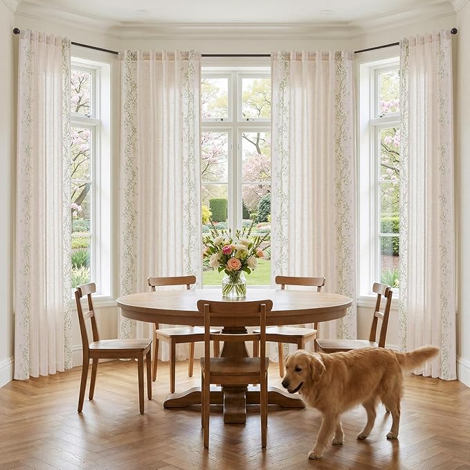 jinchan Evelyn Embroidered Linen Curtains for Living Room Elegant Farmhouse Semi Sheer Light Filtering Curtains 84 inches Long Cottage Sage Green Floral Window Drapes Rod Pocket Back Tab 2 Panels