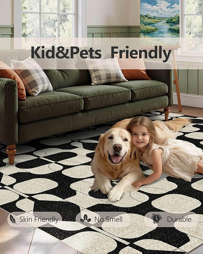 Latte&Fog 6x9 Area Rugs for Living Room Bedroom, Black Vintage Washable Rug, Boho Non Slip Low Pile Carpet for Indoor Dining Room, Dorm, Classroom,College Dorm,Farmhouse and Home Office - Black Beige