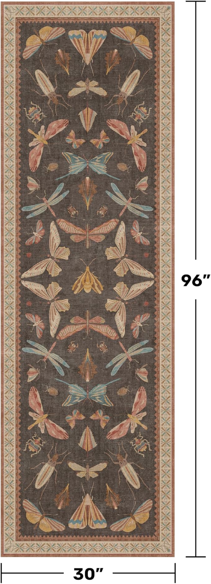 Hazo Haus 2'6"x8' 8ft Long Hallway Runner Rug, Stain Resistant Non-Slip Kitchen Floor Mats, Boho Front Door Rug Indoor Entrance, Whimsical Insect Moth Décor, Low Pile & Soft (Orange and Brown)
