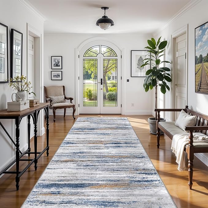 6x12 Runner Rug for Wide Hallway: Long Washable Area Rugs for Living Room Dining Room Office - Stain and Water Resistant Runners with Non-Slip Backing - Soft Low-Pile Thin Carpet Navy Grey