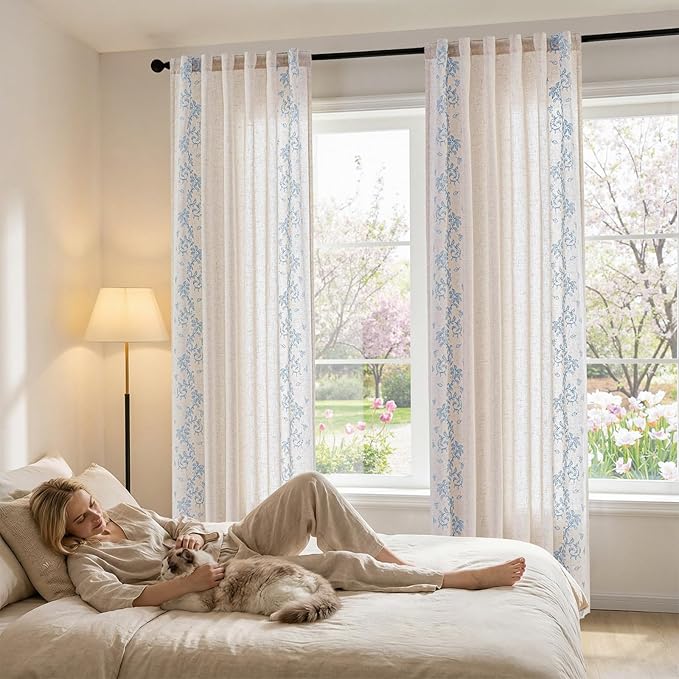 jinchan Evelyn Embroidered Linen Curtains 84 inch Long 2 Panels Blue Curtains for Living Room Bedroom Farmhouse Cottage Core Semi Sheer Light Filtering Floral Window Drapes Rod Pocket Back Tab