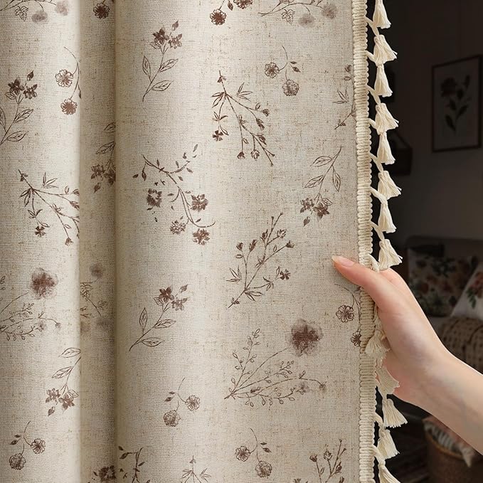 Boho Floral Spring 100% Blackout Curtains 84 Inch Length 2 Panels Set, Linen Texture Farmhouse Curtains with Beige Tassel for Living Room Bedroom, Vintage Rustic Rod Pocket,Brown
