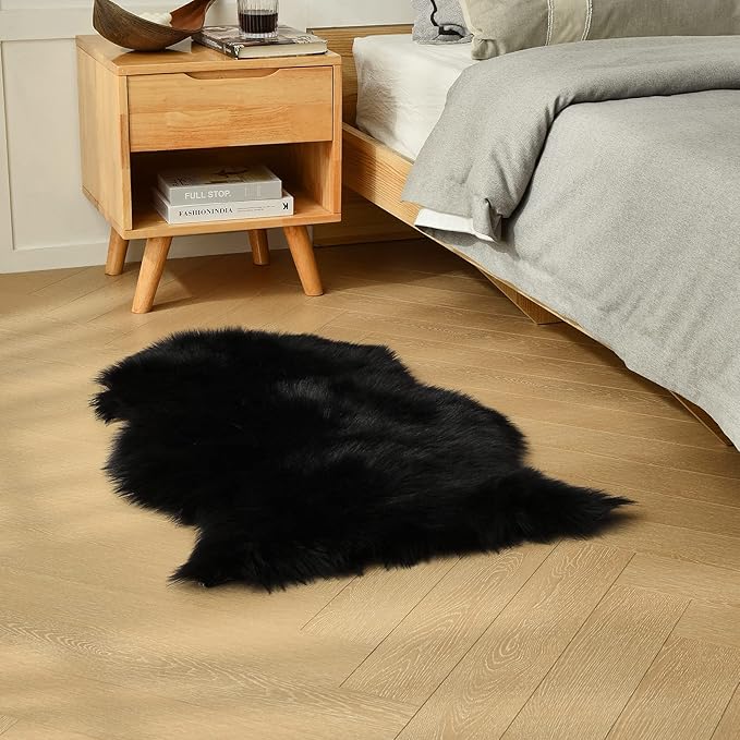 duduta Black Faux Sheepskin Fur Throw Rug 2x3 ft, Fluffy Shag Chair Cover Small Bedside Dorm Rug Non Slip Machine Washable