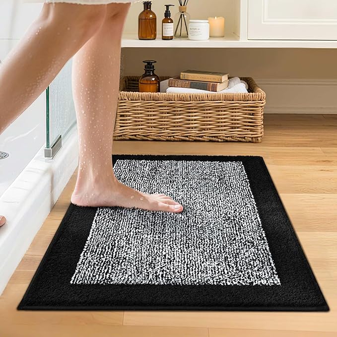 Bathroom Rugs 24x17 Non Slip Washable, Black Bath Mat for Bathroom Floor Tub, Soft Absorbent Quick Dry Mats for Shower, Bathtub,Home Decor