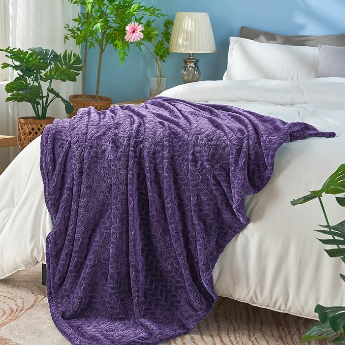 inhand Purple Fleece Twin Blanket, Super Soft Flannel Leaves Pattern Fuzzy Blanket for Couch Sofa Bed, 60 x 90 Inches