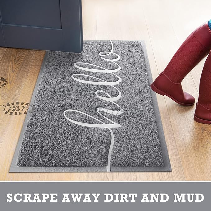 CozyBounty Door Mat Hello Mats Outdoor Indoor Non-Slip Doormat for Entryway Low-Profile Floor Mat for Yard, Garage, High Traffic Areas (32"x20", Grey)