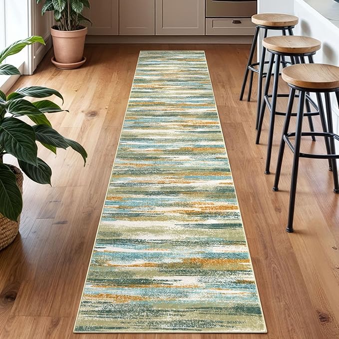Lansny Modern Abstract Runner Rug 2x10, Green Mustard Multi Washable Long Kitchen Runner Non-Slip Soft Hallway Rug Runner Thin Print Faux Wool Carpet for Entryway Bedroom Laundry Room Indoor