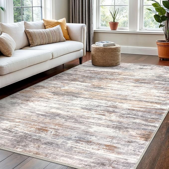 KOZYFLY Modern Abstract 4x6 Rug Washable Large Rugs for Entryway Non-Slip Soft Living Room Rug, Print Multi Grey/Orange Throw Rugs Indoor Mat for High-Traffic Door Entrance
