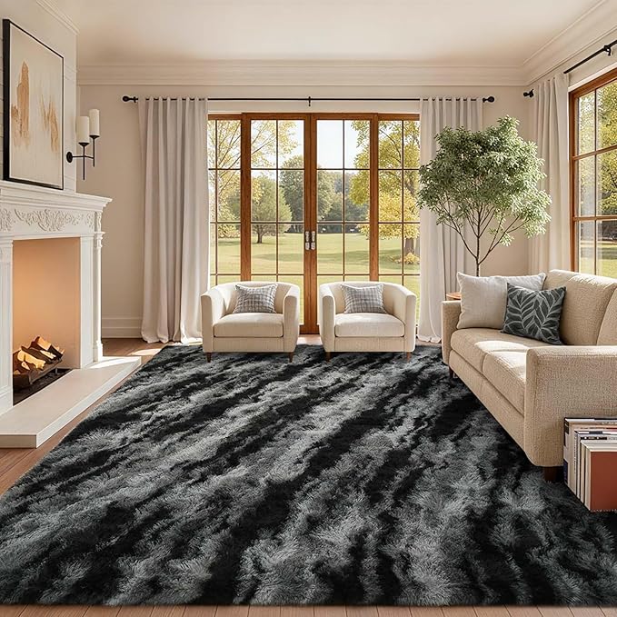 9x12 Ft Extra Large Shag Rugs for Living Room, Ultra Soft Fluffy Furry Area Rugs for Bedroom Indoor Floor, Aesthetic Carpet for Kids Home Decor (Black)