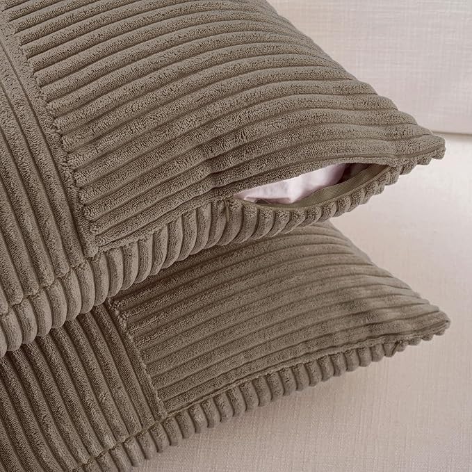 Fancy Homi Set of 2, Light Brown Patchwork Corduroy Decorative Soft Striped Modern Accent Cushion Case Farmhouse Boho Neutral Throw Pillow Covers for Chair Couch Bed Sofa Living Room 14x14 Inch