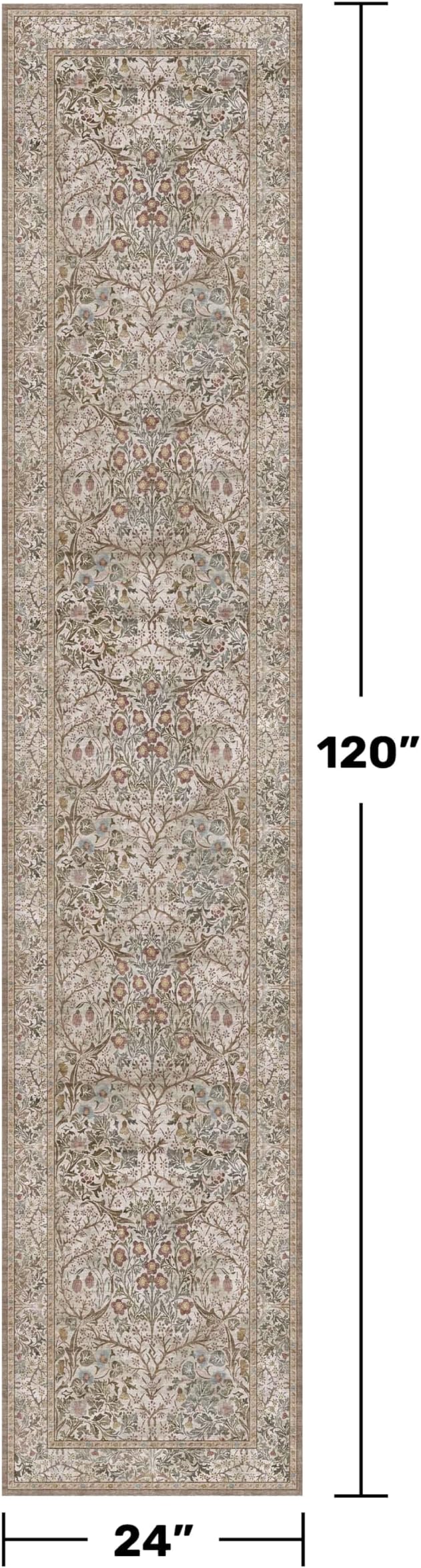 Hazo Haus Non Slip 2x10 Moss Green Hallway Runner - 10ft Long Runner Rugs, Washable Kitchen Floor Mat - Vintage Brown Taupe Neutral Floral Design Décor