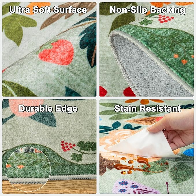 6x9 Area Rugs for Living Room: Floral Washable Rug Vintage Large Soft Boho Non-Slip Carpet Indoor Stain Resistant Thin Carpets for Bedroom Dining Room Farmhouse Nursery Hallway Home Office Green