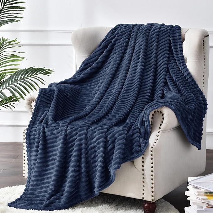 BEDELITE Fleece Blanket Twin Size – 3D Ribbed Jacquard Soft and Warm Decorative Fuzzy Blankets – Cozy, Fluffy, Plush Lightweight Throw Blankets for Couch, Bed, Sofa(Navy Blue, 60x80 inches)