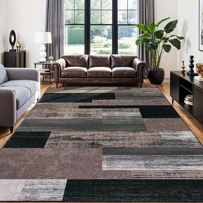 10x12 Washable Area Rugs for Living Room and Bedroom, Vintage Checkered Pattern Non-Slip Carpet, Stain Resistant Low Pile Soft Rug for Dining Room,Office,Nursery,Kids Room(10x12,Chocolate)