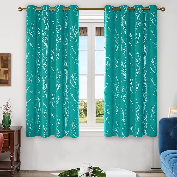 Deconovo Blackout Curtains, Thermal Insulated Soundproof Drapes with Tree Foil Print, 52 x 63 Inch, Set of 2, Machine Washable Window Curtain for Bedroom Living Room Nursery Kitchen Office, Turquoise