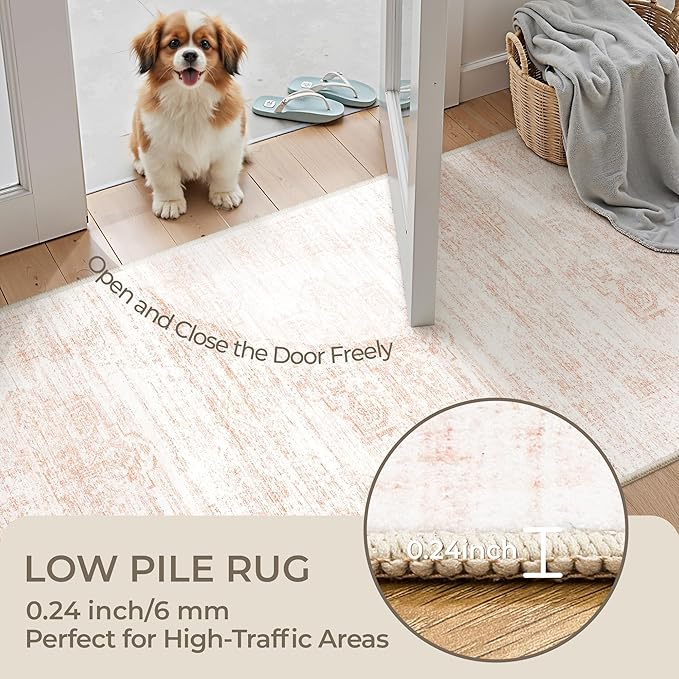 2x10 Runner Rug, Long Hallway Rugs for Dining Room, Living Room, Bedroom, Machine Washable Kitchen Carpet Runner with Rubber Backing, Soft Low Pile Indoor Rug(2'x10', Pink/White)