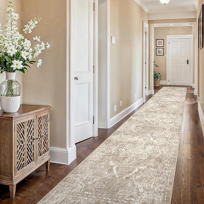 2'6"x16' Washable Hallway Runner Rug - Non Slip Kitchen Runner Rugs with Rubber Backing Vintage Low-Pile Carpet Runners for Entryway Dining Room Laundry Room Home Decor (Beige)