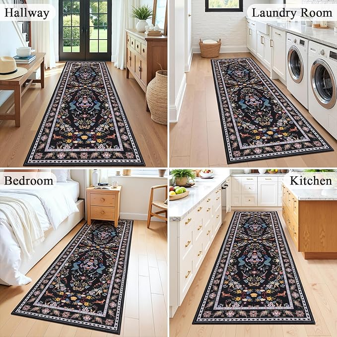 HEBE Washable Hallway Runner Rug 2'x 6' Non Slip Kitchen Rugs Runner,Low Pile Entryway Rug Laundry Room Mat Floral Carpet Runners for Hallways, Kitchen,Bathroom,Laundry,Bedside Rug