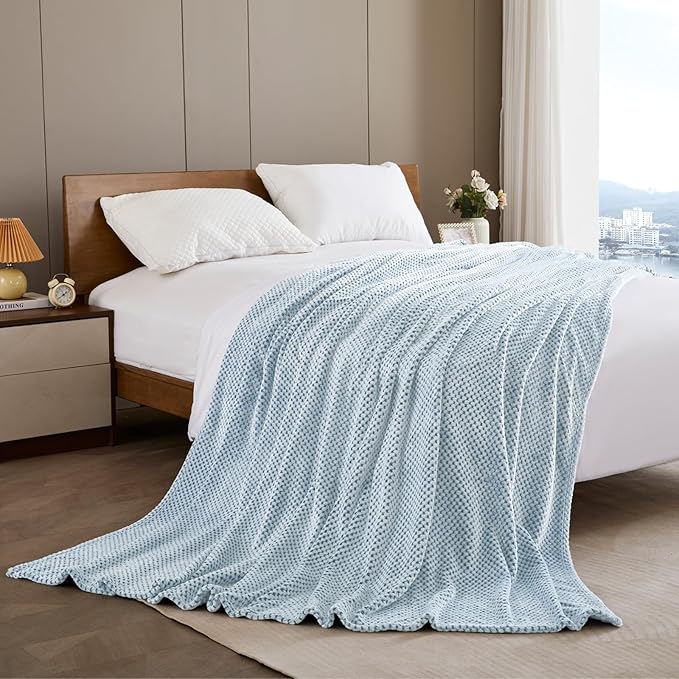Exclusivo Mezcla Fleece Bed Blanket Queen Size, Super Soft and Warm Blankets for Couch, Sofa and Bed Waffle Textured, Cozy, Fuzzy and Lightweight (Heather Slate Blue, 90x90 Inches)