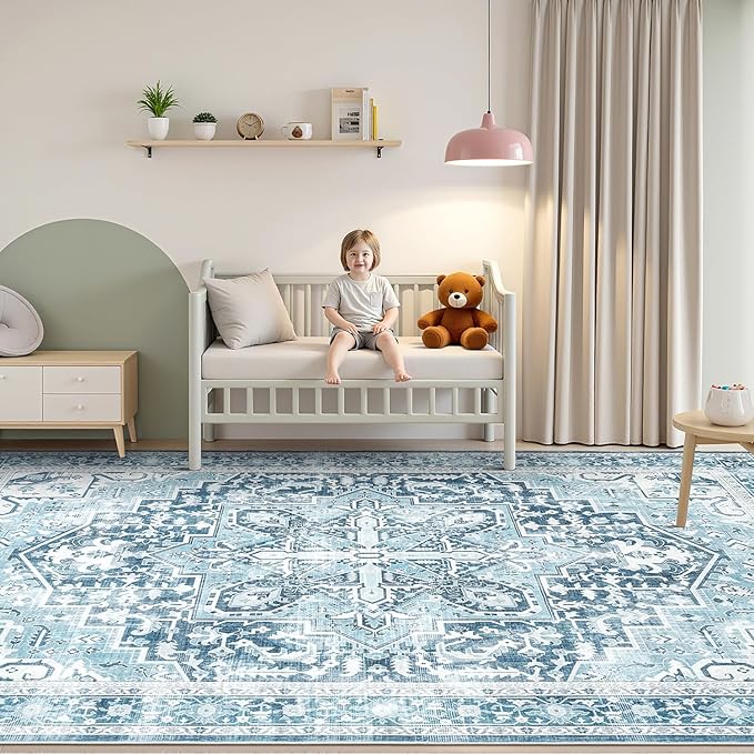 Rugflix 5x7 Area Rugs for Living Room, Machine Washable Rug Non Slip Stain Resistance, Large Rug Vintage Distressed Soft Carpet for Bedroom, Dining Room, Home Office, Blue