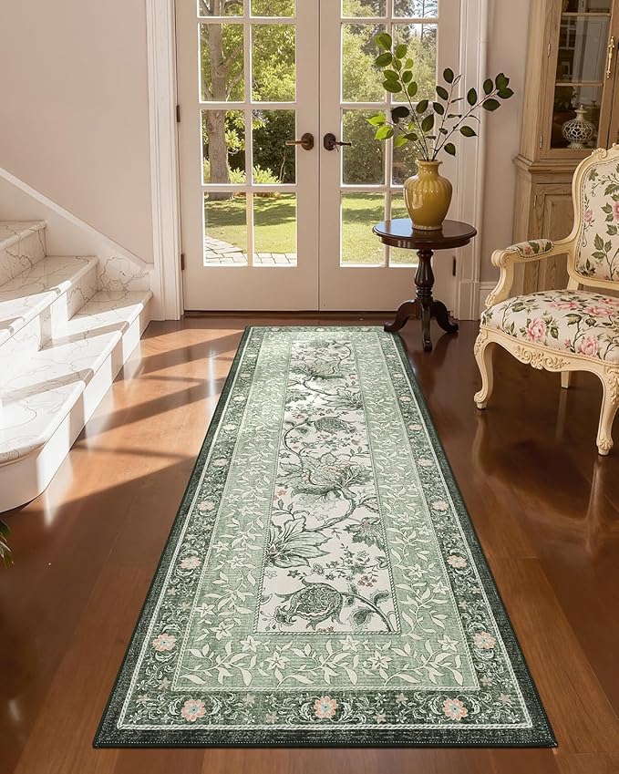 GarveeHome Sage Green 2x6 Washable Kitchen Runner Rugs Non Slip Provence Vintage Boho Cottage Long Rug for Hallways Bedroom Entryway Bathroom Mat with Rubber Back