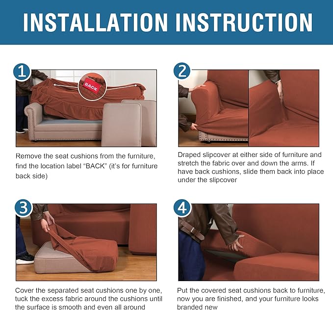 H.VERSAILTEX 3 Piece Stretch Sofa Covers for 2 Cushion Loveseat Couch Covers for Living Room Sofa Slipcovers (Base Cover Plus 2 Seat Cushion Covers) Thicker Jacquard Fabric(Medium Sofa, Rust)