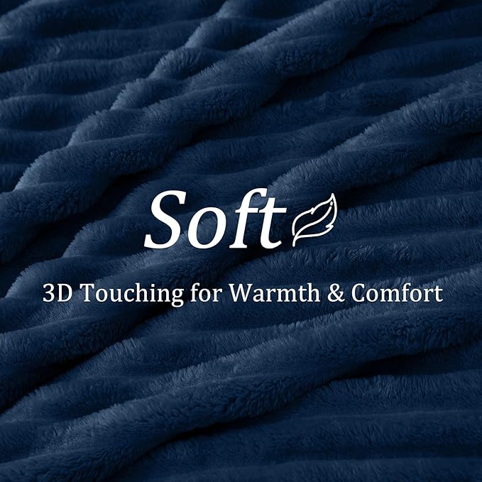 BEDELITE Blankets Queen Size for Bed, 300GSM Soft & Warm Fleece Blanket, Decorative and Giftable Striped Navy Blankets for Women, Men, 90"x90"