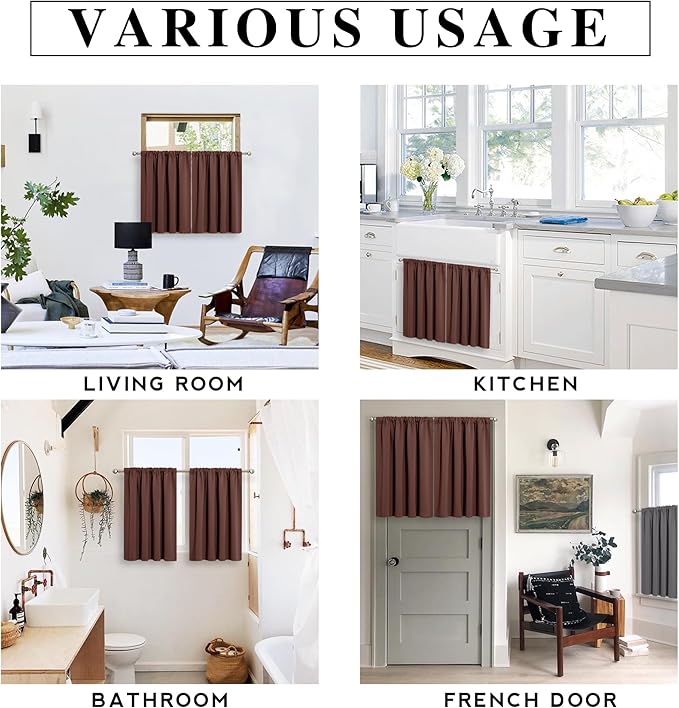 RYB HOME Blackout Cafe Curtains 30 inch Length, Short Light UV Heat Blocking Energy Saving Privacy Curtain Tiers for Basement Bathroom Kitchen Window, Width 29 by Length 30, Chocolate Brown, 2 Panels