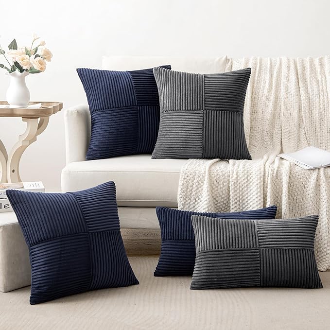MIULEE Grey Decorative Throw Pillow Covers 18x18 Inch for Couch Bed Sofa Pack of 2 Boho Farmhouse Throw Pillows Soft Cross Corduroy Patchwork Textured Cushion Cases