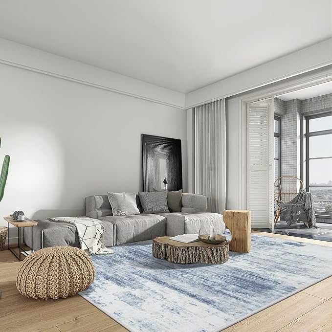 9x12 Area Rugs Washable Rug: Modern Abstract Living Room Rug Soft Anti-Skid Thin Carpet Indoor Floor Non-Shedding Carpets for Bedroom Dining Room Farmhouse Nursery Home Office Blue White