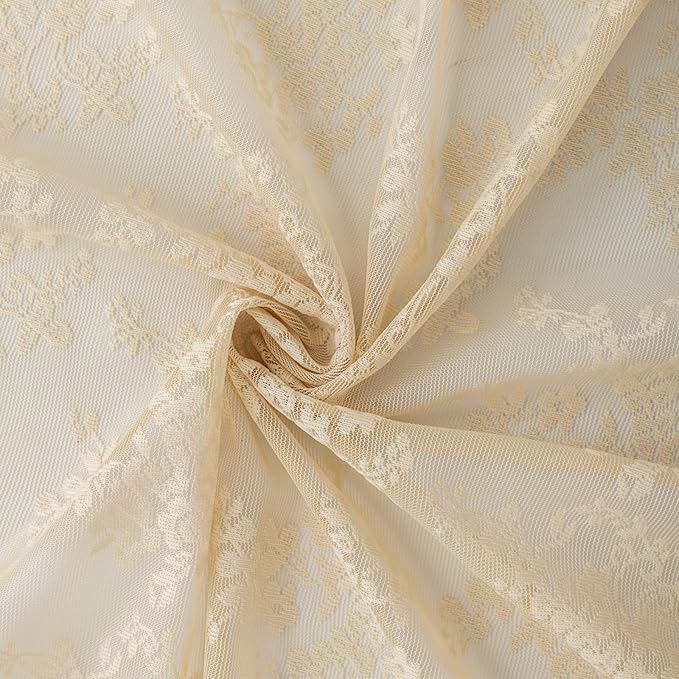 YJ YANJUN Vintage Lace Curtains 54 Inch Length-Victorian Floral Patterns and Scalloped Edges Cottage Core Rustic Style Short Sheer Curtain Panels for Kitchen Small Windows W52 X L54 Beige
