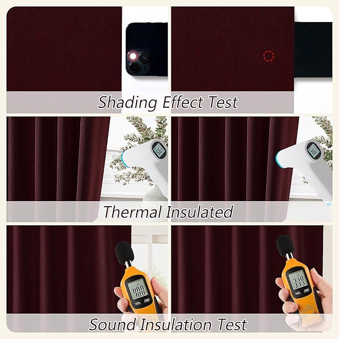 Burgundy 100% Blackout Linen Curtains 72 Inch Length 2 Panels Set for Living Room Bedroom Back Tab Thermal Insulated Black Out Drapes Room Darkening Farmhouse Style for Bedroom Window Curtains 52x72