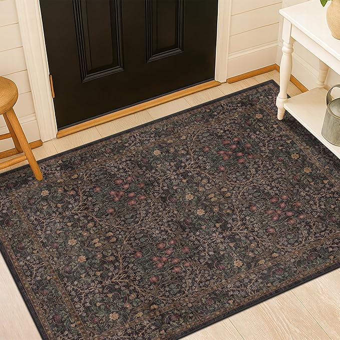 Vintage Dark Brown 3x4 Entryway Rug, Washable Small Area Rugs for Entry Way, Kitchen, Bathroom, Door Mat Indoor Entrance, Mudroom, Oriental Floral Low Pile Stain Resistant Non-Slip Throw Rug