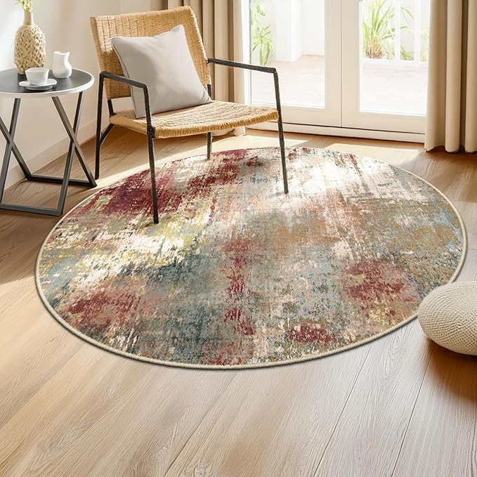 Washable Area Rugs 4ft Non-Slip Modern Abstract Soft for Living Room Entryway Bedroom Nursery, Print Pattern, Brown Rust Red Green Blue Multi