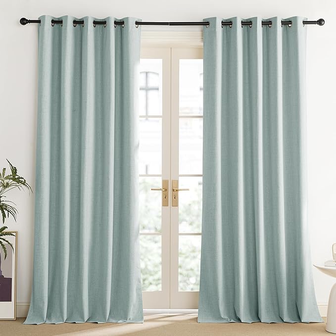 NICETOWN 100% Absolutely Blackout Linen Curtains with Thermal Insulated Liner, Seafoam Green, 62" Wide, 108" Length Energy Saving Curtains for Living Room 2 Panels Set, Vertical Blinds