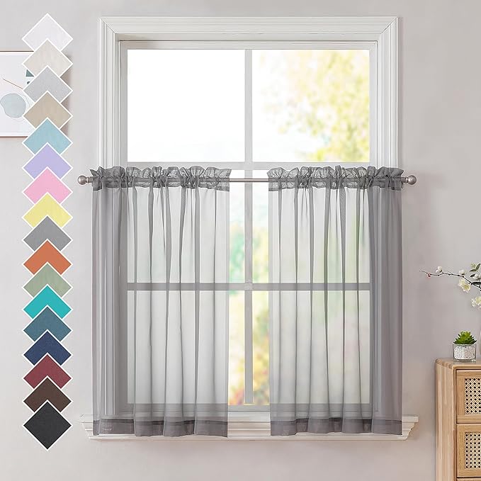 OVZME Charcoal Grey Sheer Curtains 36 inches Long, Short Kitchen Window Treatment Solid Sheers Cafe Curtains Bathroom Voile Half Window Curtains 2 Panels, Rod Pocket, 42" Wx36 L