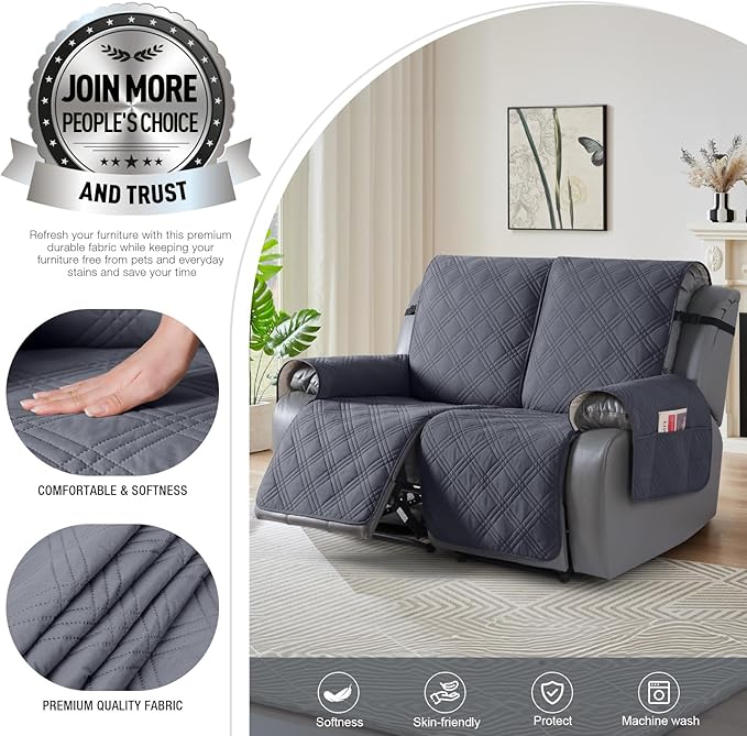 TAOCOCO 100% Waterproof Recliner Loveseat Covers 2 Seater, Split Loveseat Covers for Reclining loveseat, Non Slip Reclining Couch Cover with Double Straps for Kids, Pets(2 Seater, Dark Grey)