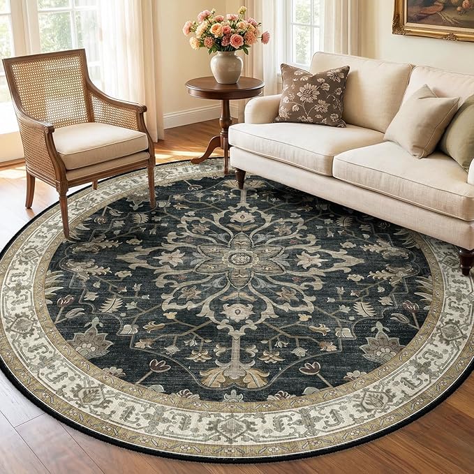 RELEANY Area Rugs Round 6ft Washable Non-Slip, Floral Vintage Distress Print Pattern Medallion Carpet for Living Room Bedroom Dining Room, Vintage Black Brown Neutral